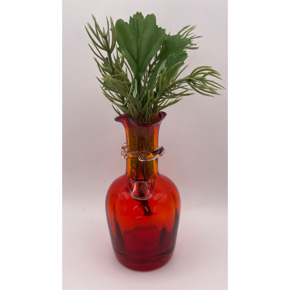 Vtg Kanawha Glass 1974 Ruby Red Applied Clear Rigaree Ruffle 5" Vase MCM USED